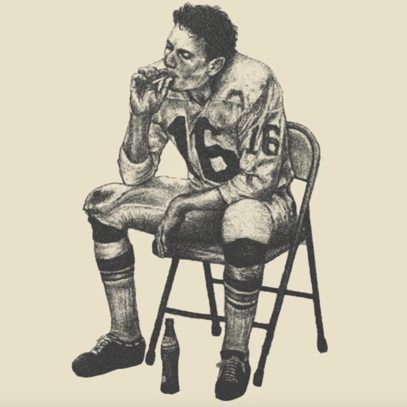 Pencil drawing of Len Dawson smoking a cigarette at halftime of Super Bowl I