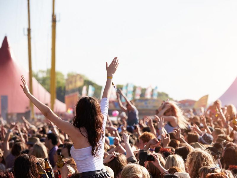 People with their arms in air at music festival
