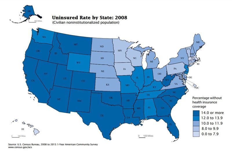 Percentage of uninsured by state in 2008