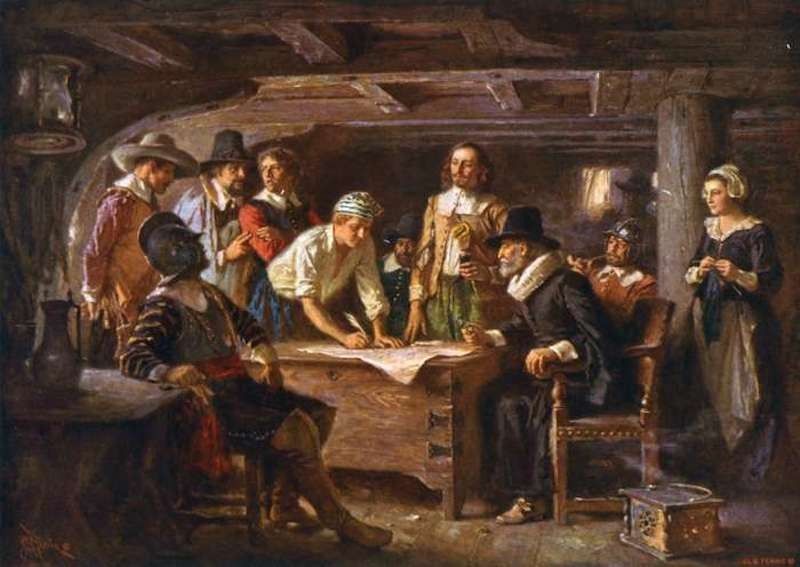 Pilgrims signing Mayflower Compact