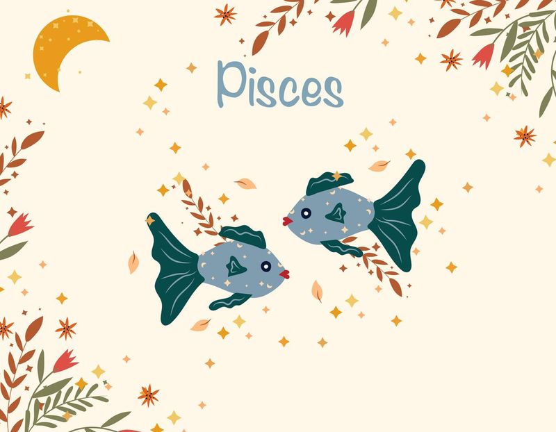 Pisces zodiac sign. Cute Banner with Pisces, stars, flowers, and leaves. Astrological sign of the zodiac. Vector illustration.
