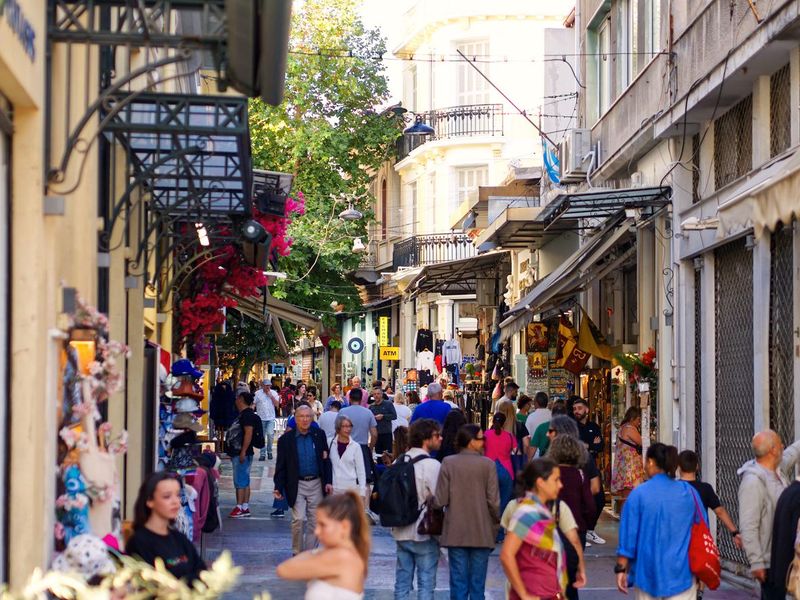 Plaka shopping street full of people, Athens, Greece