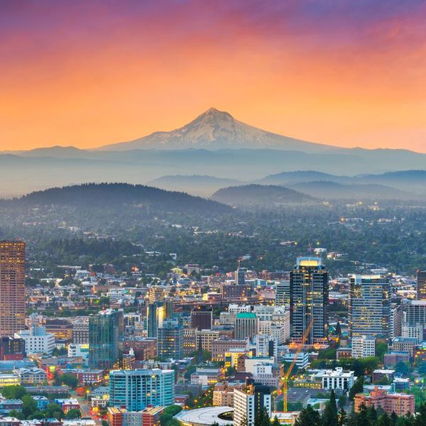 Portland, Oregon, USA downtown skyline with Mt. Hood at dawn.