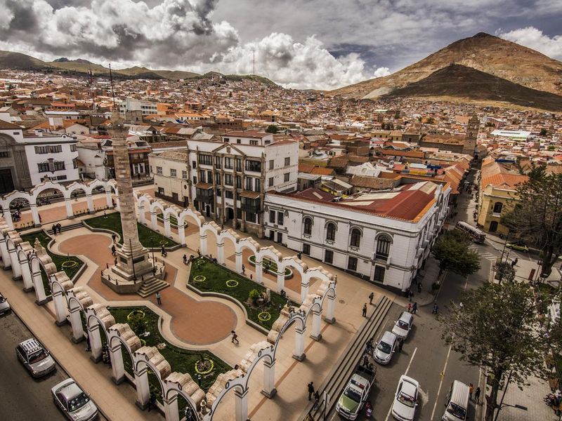 Potosí main square and Cerro Rico in the Background, Bolivia.