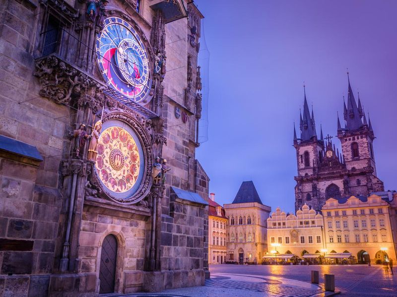 Prague Astronomical clock in old town square at dawn
