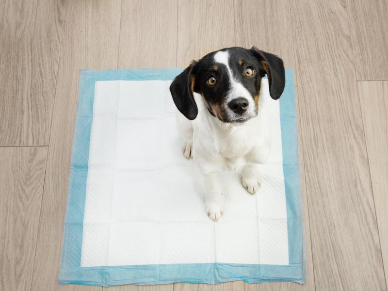 Puppy dog sitting on a pee training pad