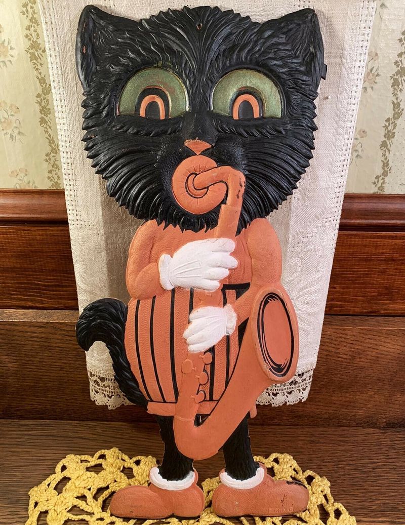 Rare Halloween Boy Cat and Saxophone Die-Cut Decoration