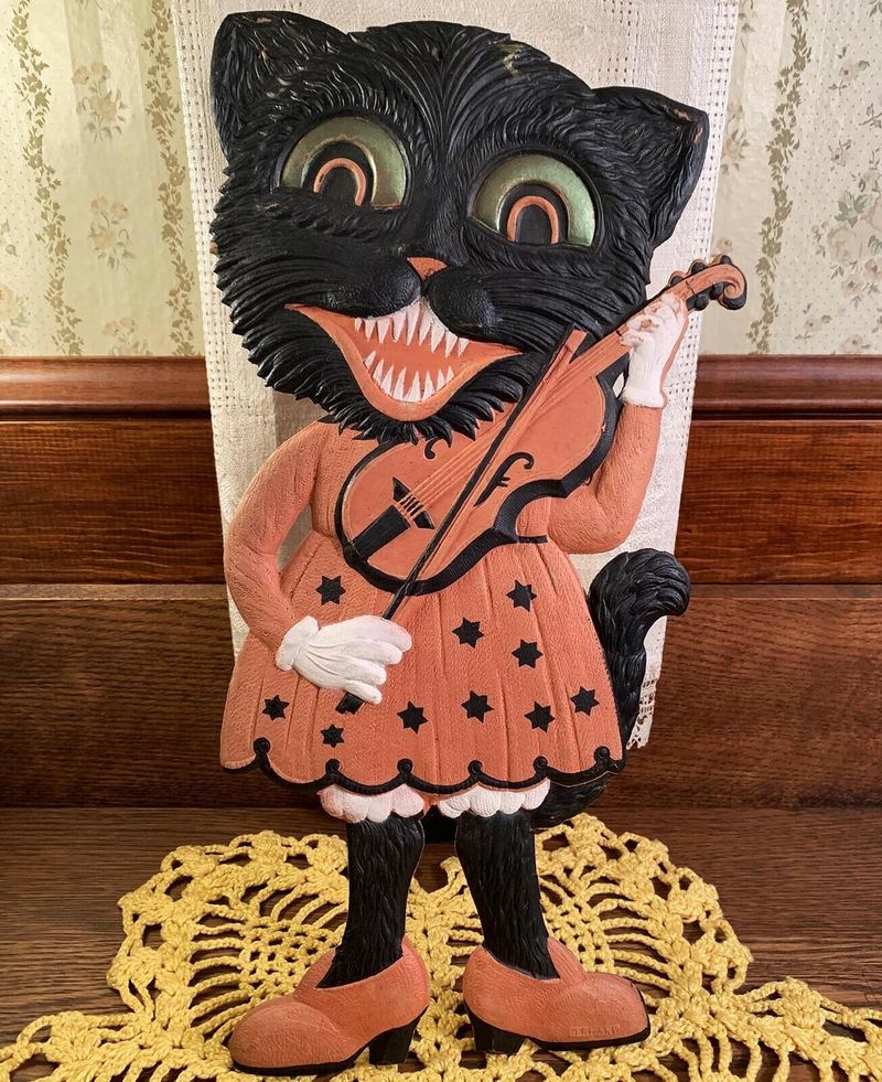 Rare Halloween Girl Cat and Violin Die-Cut Decoration