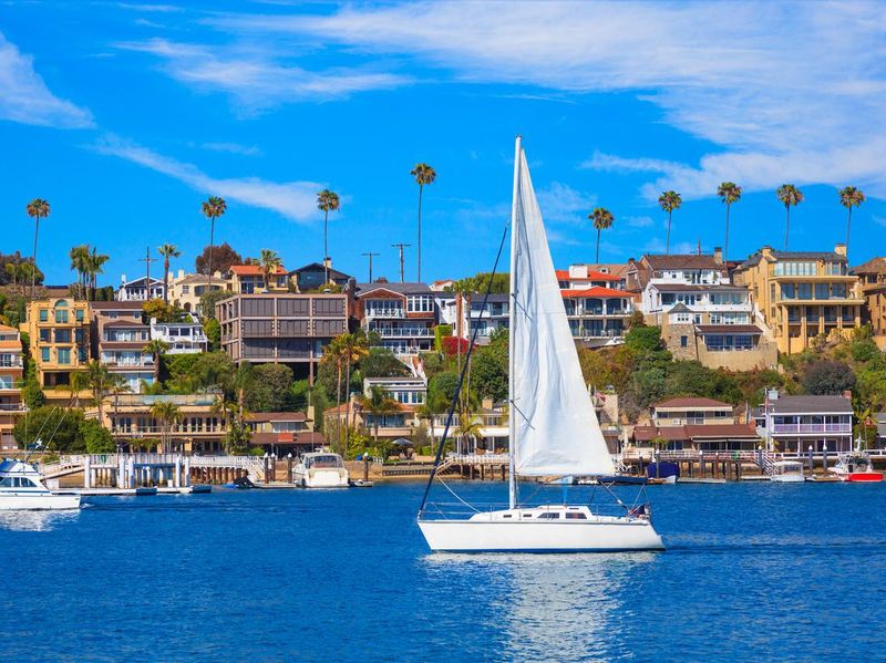 Recreational sailboat on Newport Bay at Newport Beach, CA