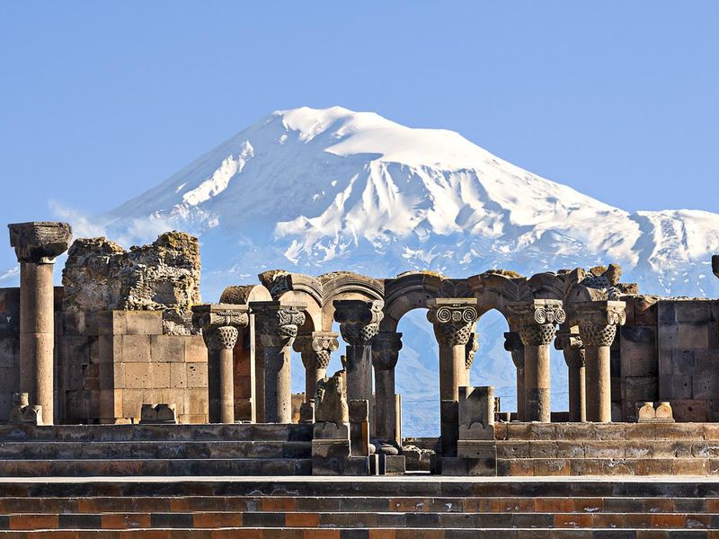 Remains of Zvartnots Temple and Mount Ararat, Armenia.