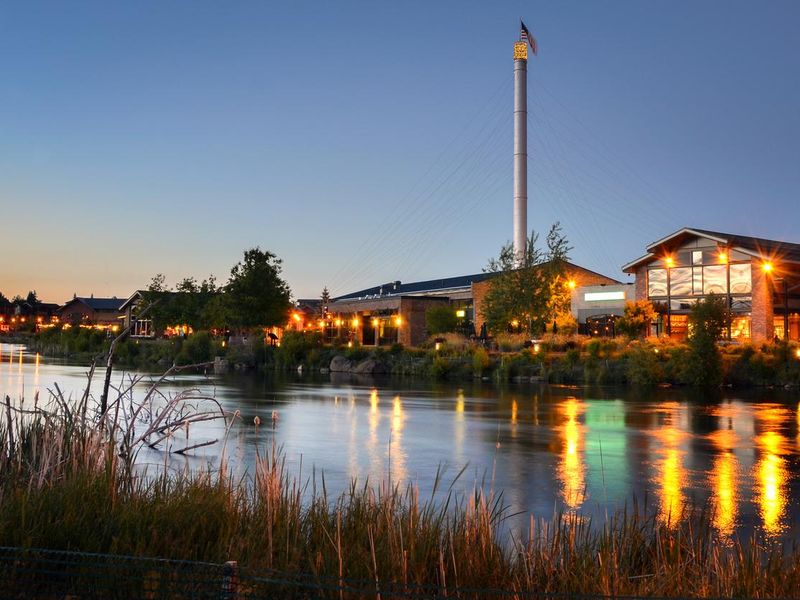 Renovated Old Industrial Buildings at Sunset along the River in Bend, Oregon