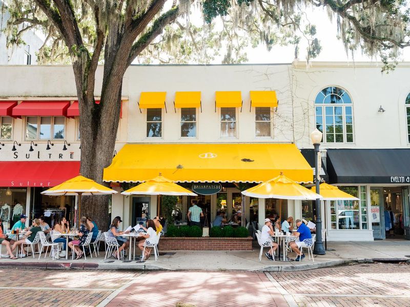 Restaurants and Shops Line Park Avenue in Downtown Winter Park Florida USA