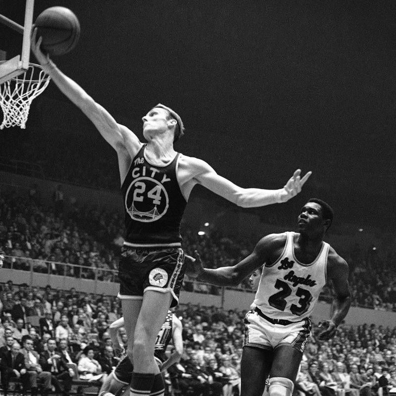 Rick Barry goes up for a basket against Los Angeles Lakers
