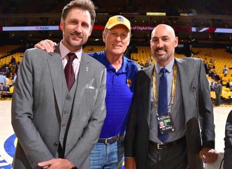 Rick Barry poses with sons Brent Barry and Jon Barry at game