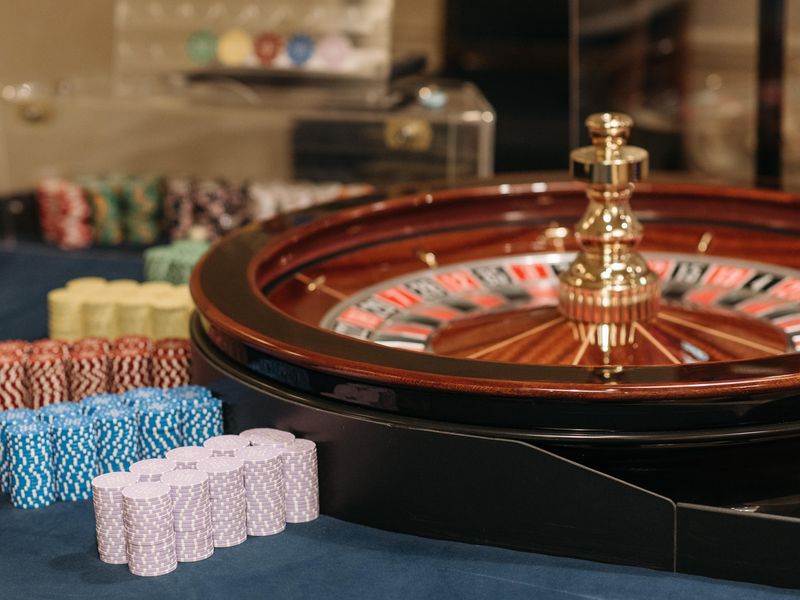 Roulette wheel with chips at a casino