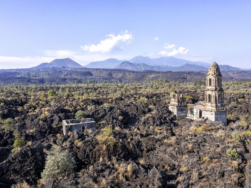 Ruins of San Juan Parangaricutiro church after Parícutin volcano in Mexico