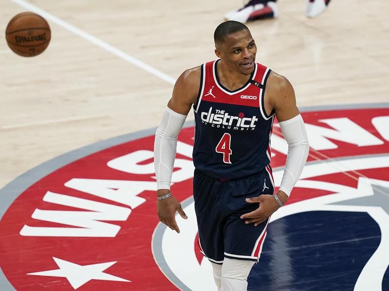 Russell Washington Wizards guard Russell Westbrook reacts