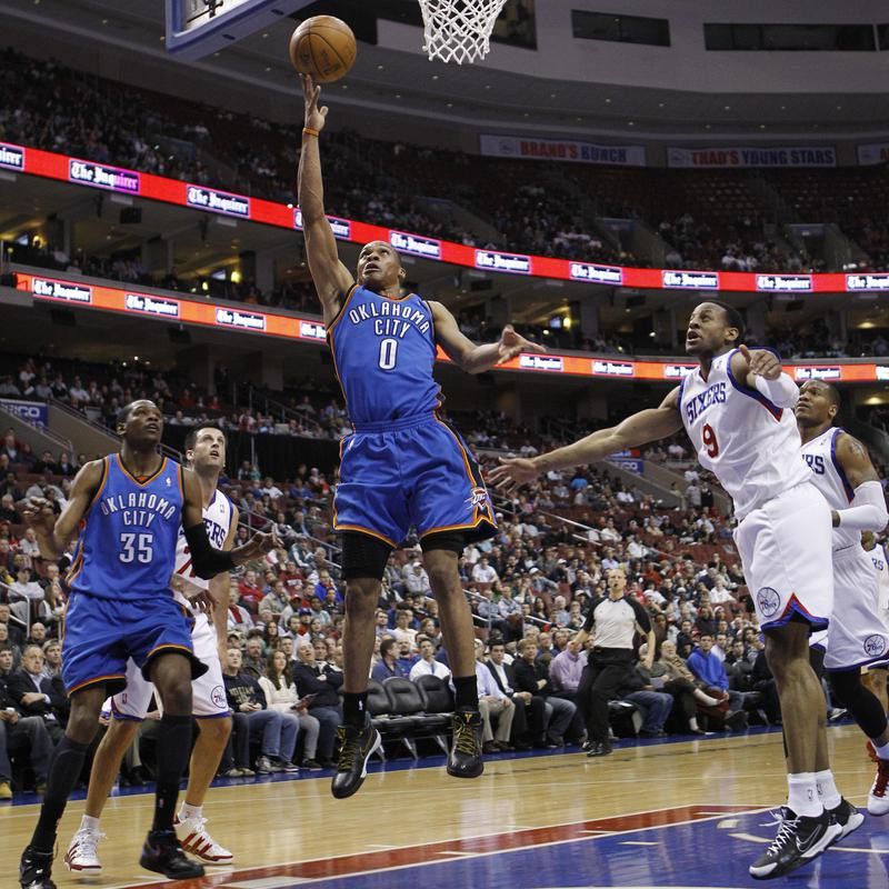 Russell Westbrook of Oklahoma City drives to basket