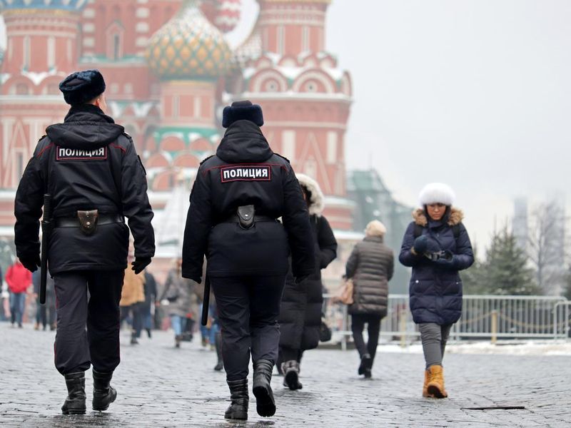 Russian police officers walking on Red Square in Moscow