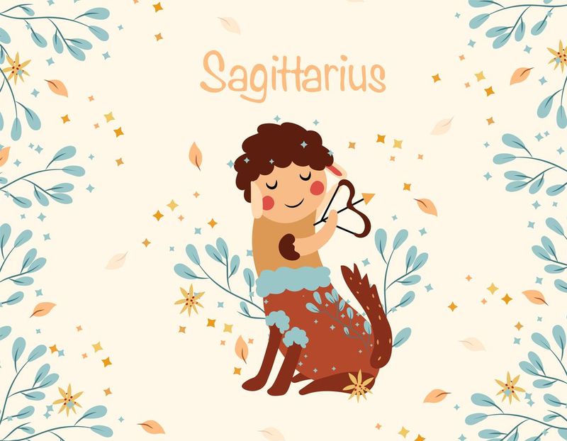 Sagittarius zodiac sign. Cute Banner with Sagittarius, stars, flowers, and leaves. Astrological sign of the zodiac. Vector illustration.