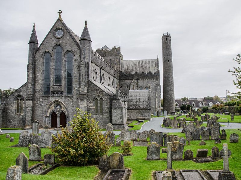 Saint Canice's Cathedral and Cemertery in Kilkenny, Ireland during day of autumn