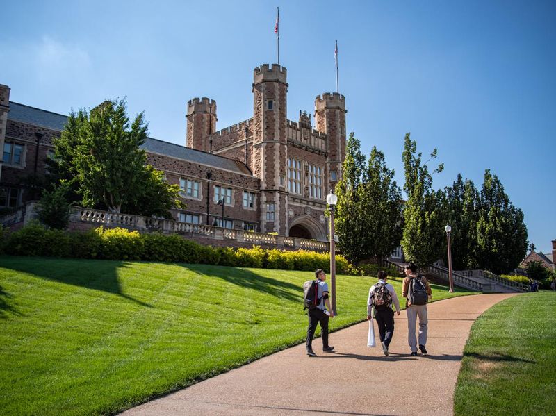 Saint Louis, MO—June 28th, 2022; students walking in front of Brookings Hall at Washington University in St. Louis in summer
