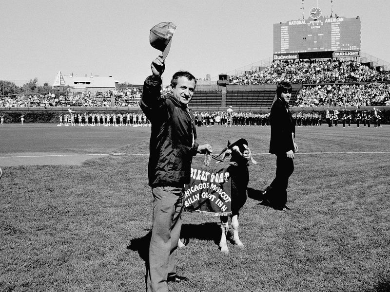 Sam Sianis, owner of the Billy Goat Tavern in Chicago, acknowledges the crowd with his goat before a 1984 NL playoff game between the Chicago Cubs and San Diego Padres
