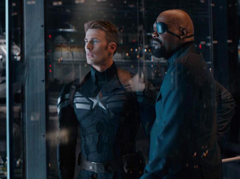 Samuel L. Jackson and Chris Evans in Captain America: The Winter Soldier (2014)