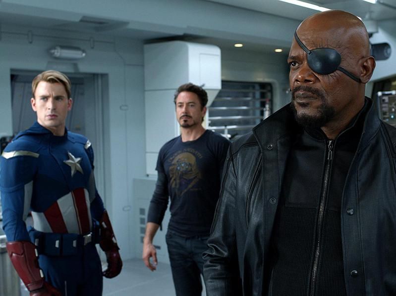 Samuel L. Jackson, Robert Downey Jr., and Chris Evans in The Avengers (2012)