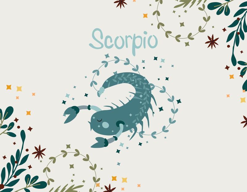 Scorpio zodiac sign. Cute Banner with Scorpio, stars, flowers, and leaves. Astrological sign of the zodiac. Vector illustration.