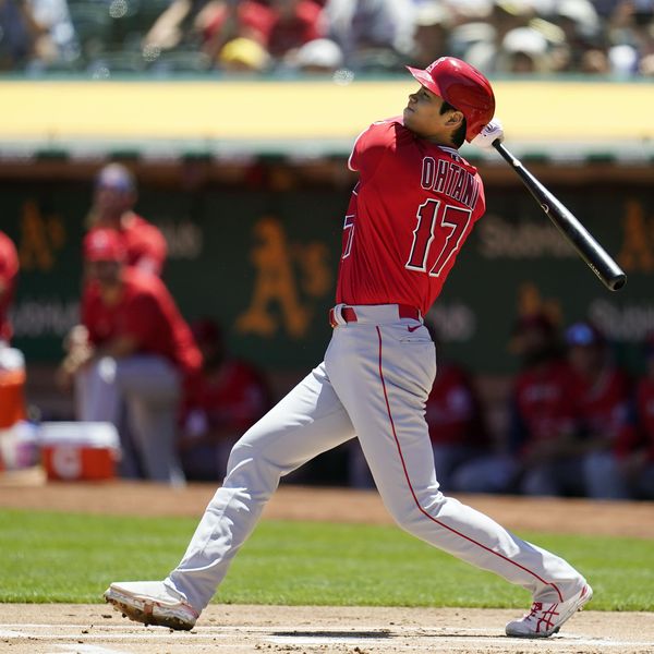 Los Angeles Angels designated hitter Shohei Ohtani watches his two-run home run against the Oakland Athletics during the first inning of a baseball game in Oakland, Calif., Sunday, May 15, 2022. (AP Photo/Jeff Chiu)