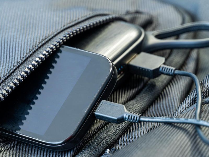 Smartphone charging with black energy bank in backpack