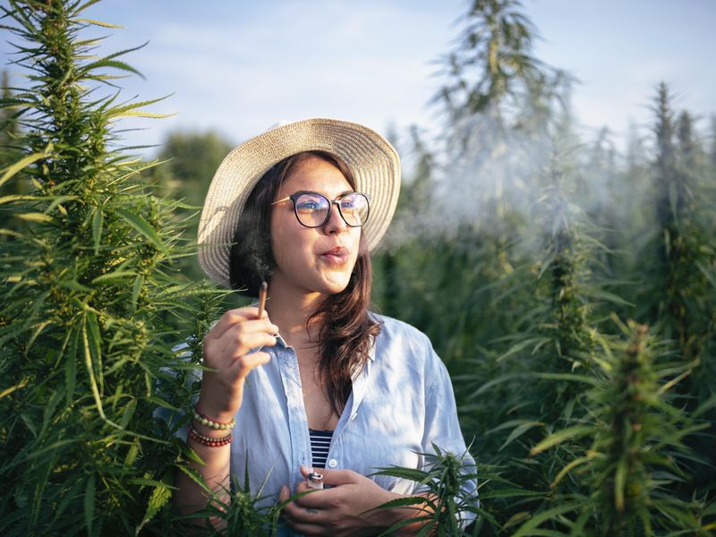 Smiling woman smoking marijuana in marijuana field