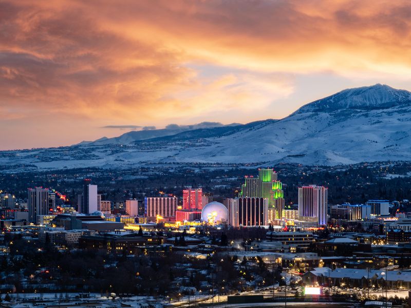 Snowy sunset skyline of Reno, Nevada