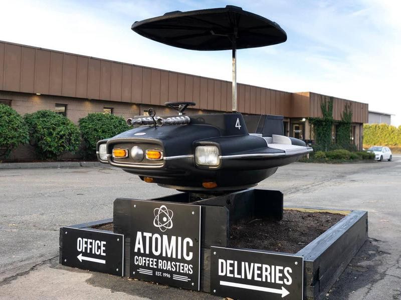 Spaceship outside Atomic Coffee Roasters