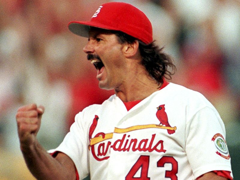 St. Louis Cardinals pitcher Dennis Eckersley celebrates after a 1996 NLDS game agains the San Diego Padres