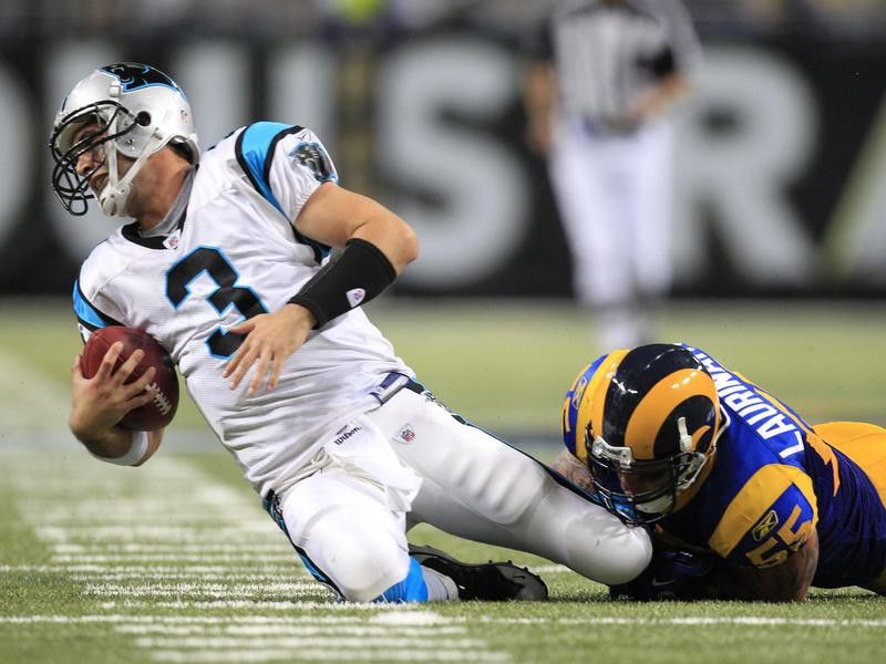 St. Louis Rams linebacker James Laurinaitis sacks Carolina Panthers quarterback Matt Moore