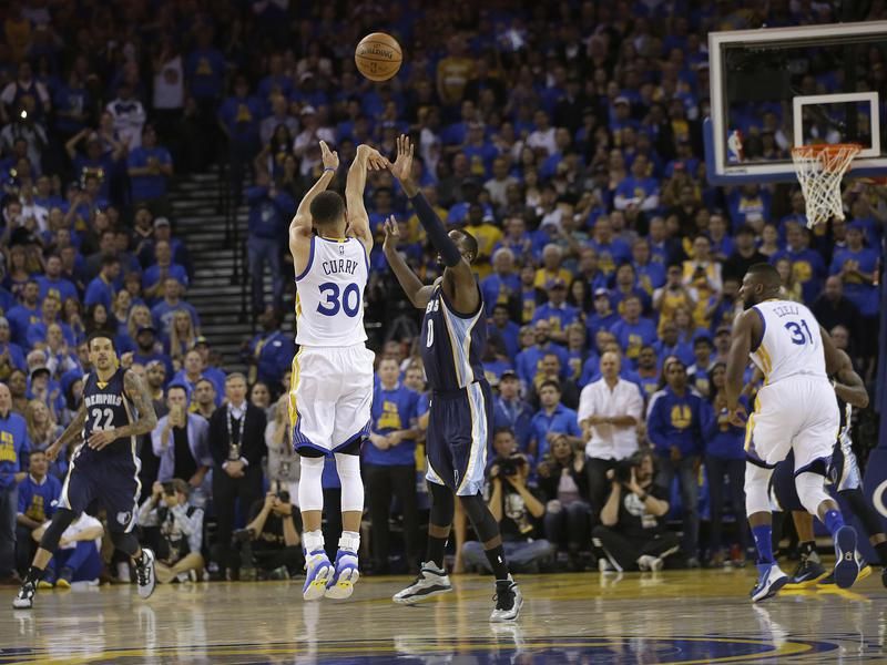 Steph Curry shooting a three-pointer against the Memphis Grizzlies