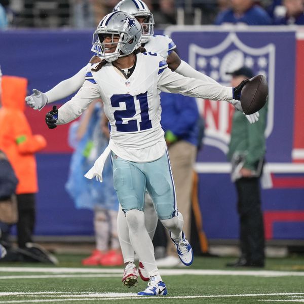 Dallas Cowboys' Stephon Gilmore (21) celebrates an interception during the first half of an NFL football game against the New York Giants, Sunday, Sept. 10, 2023, in East Rutherford, N.J. (AP Photo/Bryan Woolston)