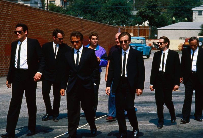 Steve Buscemi, Harvey Keitel, Quentin Tarantino, Michael Madsen, Tim Roth, Chris Penn, Edward Bunker, and Lawrence Tierney in Reservoir Dogs