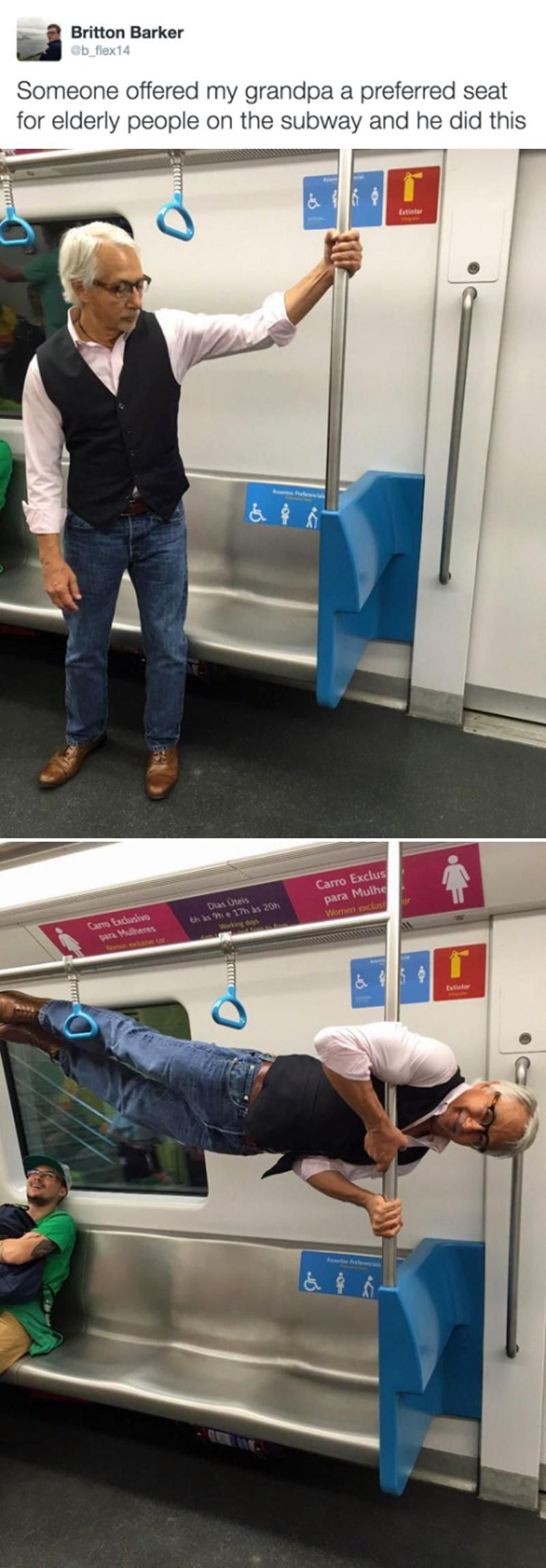 Strong grandpa doing a stunt on the subway