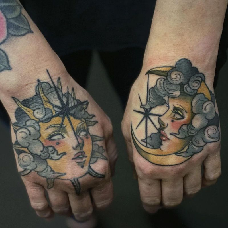 Sun and Moon Hand Tattoo
