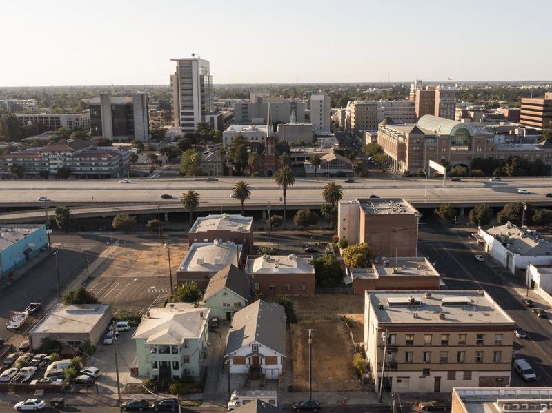 Sunset aerial view of downtown Stockton, California