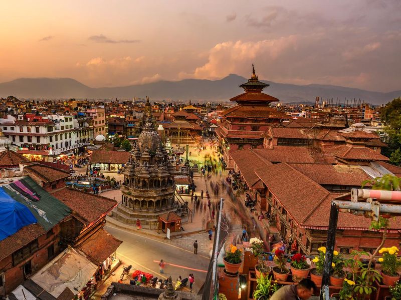 Sunset over  Patan Durbar Square in Kathmandu, Nepal