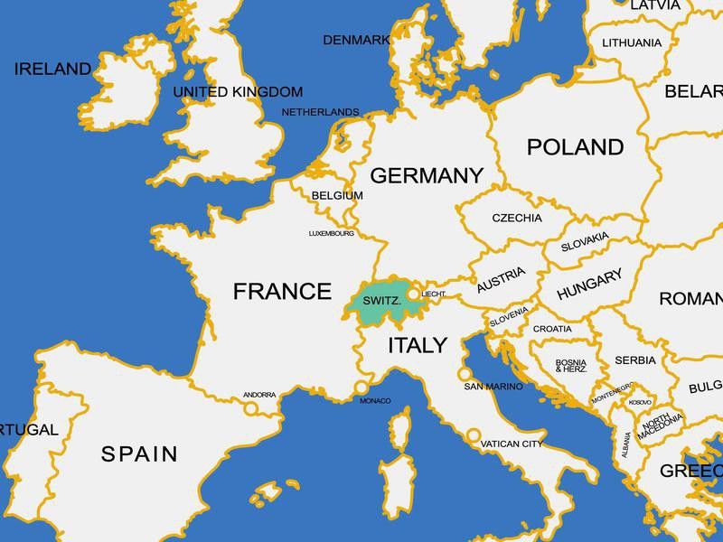 Switzerland on map of Europe