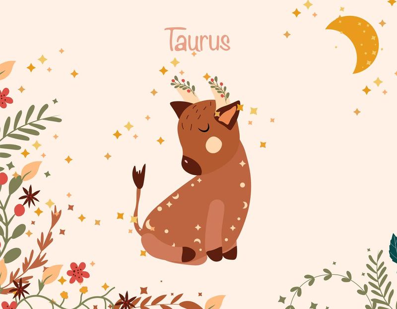 Taurus zodiac sign. Cute banner with Taurus, stars, bright moon, flowers, and leaves. Astrological sign of the zodiac. Vector illustration.