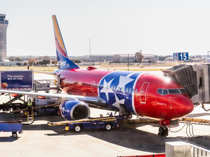 Tennessee One Southwest Airlines aircraft docked at Austin-Bergstrom International Airport