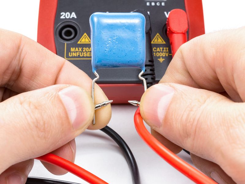 Testing capacitor with multimeter on a white background