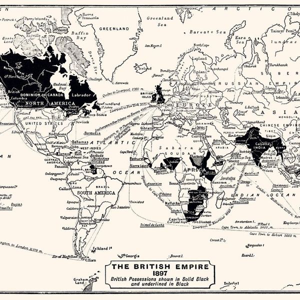 1897: The British Empire. British Possessions shown in Solid Black and underlined in Black. Vintage illustration circa late 19th century. Digital restoration by Pictore.