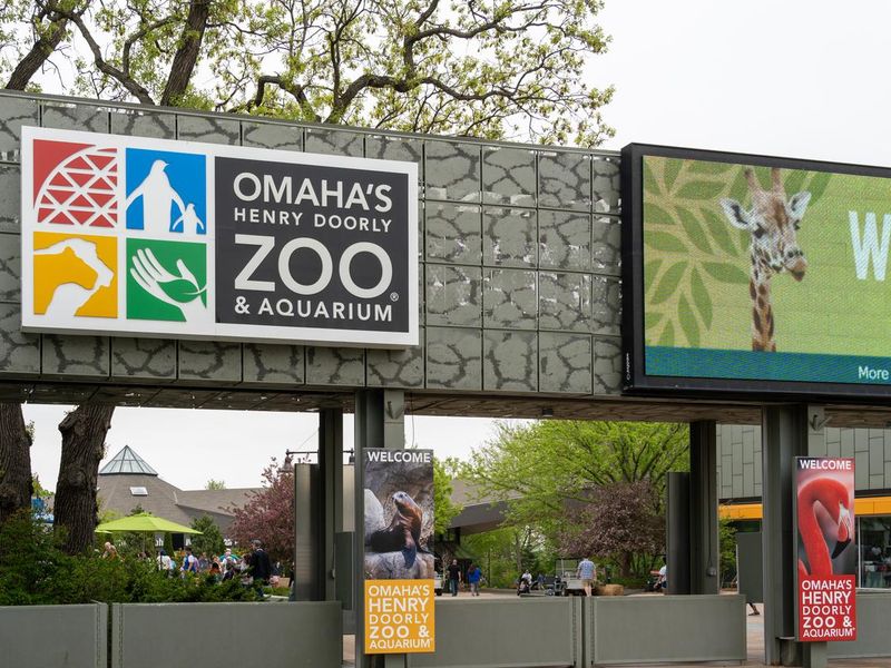 The entrance to Omaha's Henry Doorly Zoo and Aquarium in Omaha, NE, USA